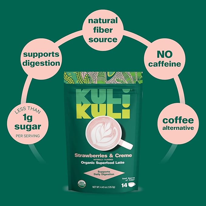 Kuli Kuli Strawberries & Crème Organic Superfood Latte - Strawberry Flavor. Packed with Psyllium Husk for Digestive Support with Hibiscus and Baobab