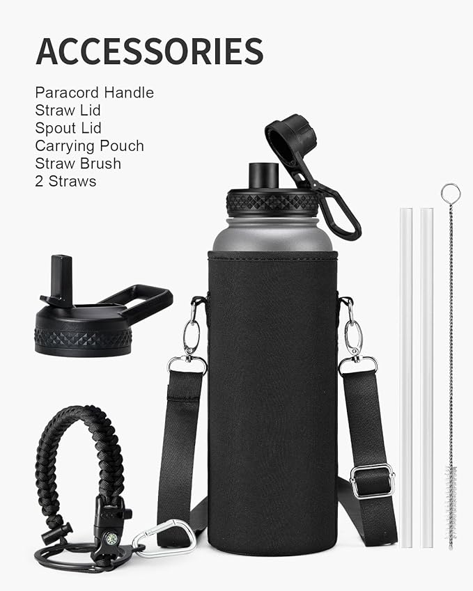 40oz Insulated Water Bottle,Stainless Steel Vacuum Water Bottle, BPA-Free & Leakproof -with Paracord Handle,Strap,Straw Spout Lids,Large Water Jug for Gym Sports