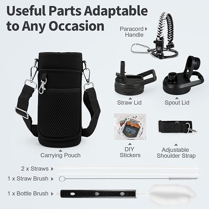 32 oz Insulated Water Bottle with Straw (Cold for 48 Hrs), Stainless Steel Triple Wall Vacuum Sports Water Jug, Leakproof Hydro Cup Flask with Paracord Handle & Straw Spout Lids & DIY Stickers