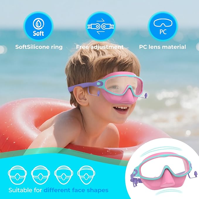 Swim Goggles for Kids 3-15 with Earplugs Large Frame Anti-Fog/UV Swimming Goggles for Boys Girls Toddler 2PCS