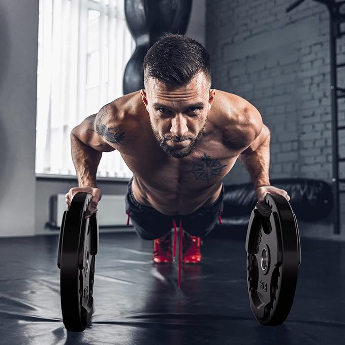 RitFit Olympic Rubber Grip Plates for Barbell, 2-Inch Weight Plates for Weightlifting and Strength Training in Home & Gym, Single, Pair and Sets(2.5/5/10/25/35/45 LB)