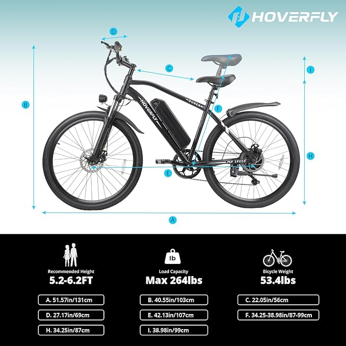 HOVERFLY OUREA 26" Electric Bike for Adults, 750W Peak Motor Mountain Ebike, 20MPH Up to 40 Miles, UL2849 Certified, 7-Speed, Removable Battery, Shock Absorber, Fat Tire Commuter E-Bike