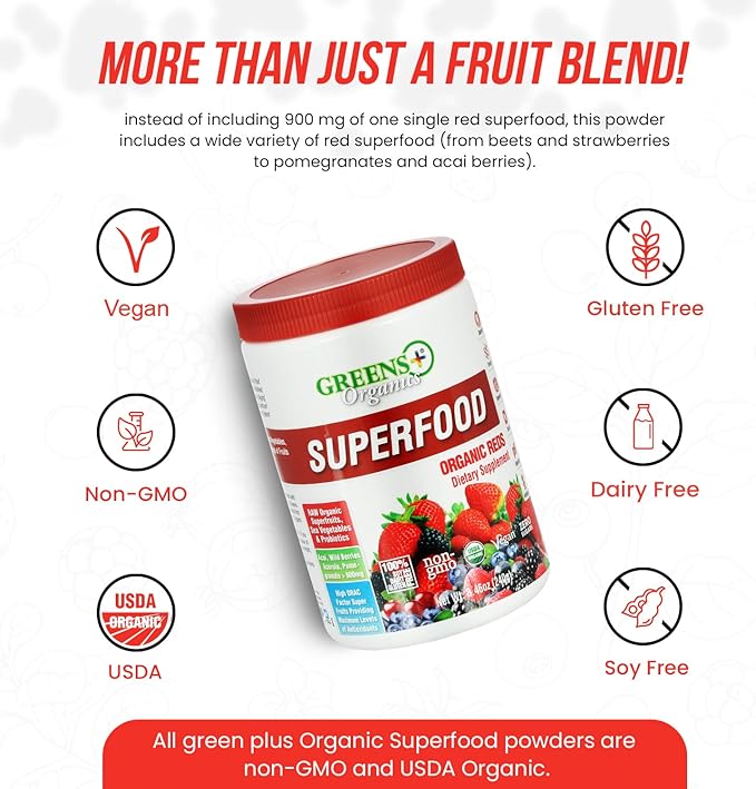 Greens+ Organic Reds Superfood Powder, Antioxidant, Polyphenol, Blend for Morning Kick, Energy, Vitality Boost, Nutrition, Vibrant Health, Vegan Soy/Dairy/Gluten Free(8.46oz)