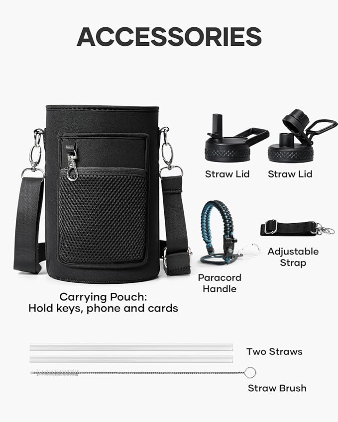 40oz Insulated Water Bottle,Stainless Steel Vacuum Water Bottle, BPA-Free & Leakproof -with Paracord Handle,Strap,Straw Spout Lids,Large Water Jug for Gym Sports