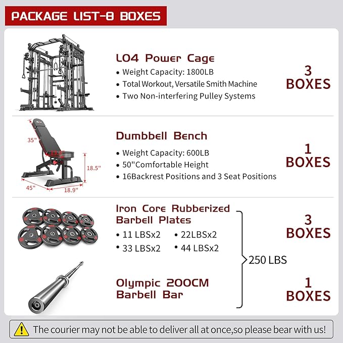 Smith Machine with Cable Crossover System, Multi-Function Power Cage Squat Rack for Home Gym, Power Rack and Packages Weight Sets.