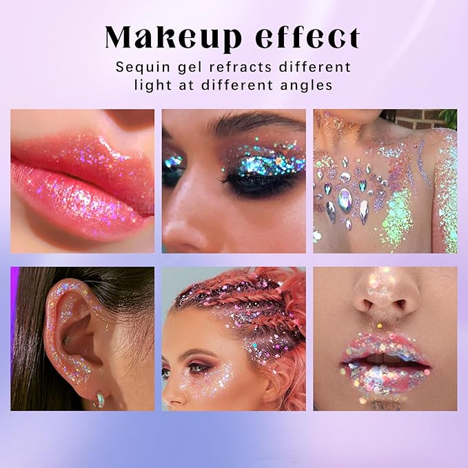 Roll-on Holographic Body Glitter Gel for Face Hair, Chameleon Color Changing Glitter Gel Under Light, Chunky Mermaid Sequins Festival Party Rave Accessories Shimmer Makeup (9# Golden Ocean)