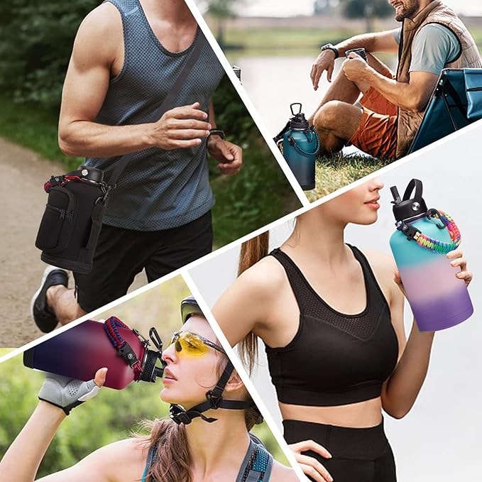 64OZ Insulated Water-Bottle with Paracord-Handle - Half Gallon Water Bottle Jug with Straw & Spout Lids, Bottle Sleeve & Boot, Keep Cold-48h Hot-24h for Fitness Camping Hunting, Hiking