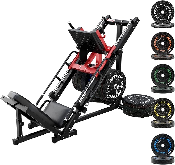 RitFit Adjustable Leg Press and Hack Squat Machine with Weight Plate Set, Professional Home Gym Equipment with Linear Bearings, Specialized for Complete Lower Body Workouts and Weight Storage Posts