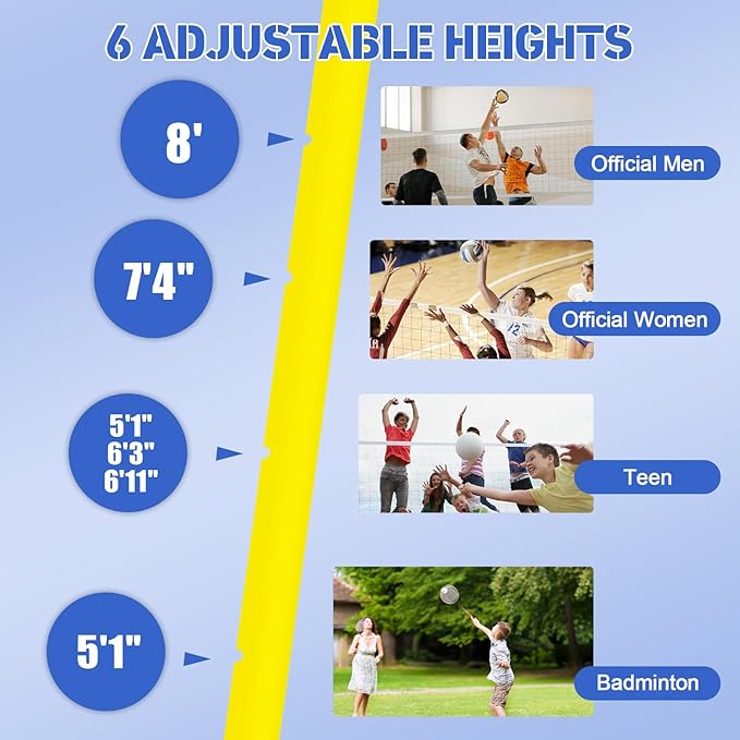Volleyball Net with Poles,Volleyball Poles for Backyard, 6 Adjustable Heights Volleyball Set 8ft Professional Standard Height Stand, for Backyard Outdoor
