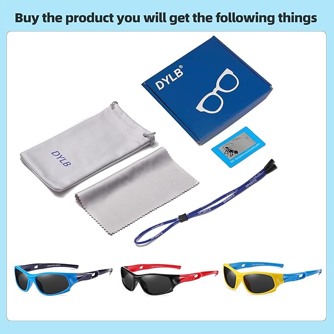 DYLB 3 Pack Flexible Kids Polarized Sunglasses For Boys Girls With Strap, Sport Sunglasses for Children Age 3-10.