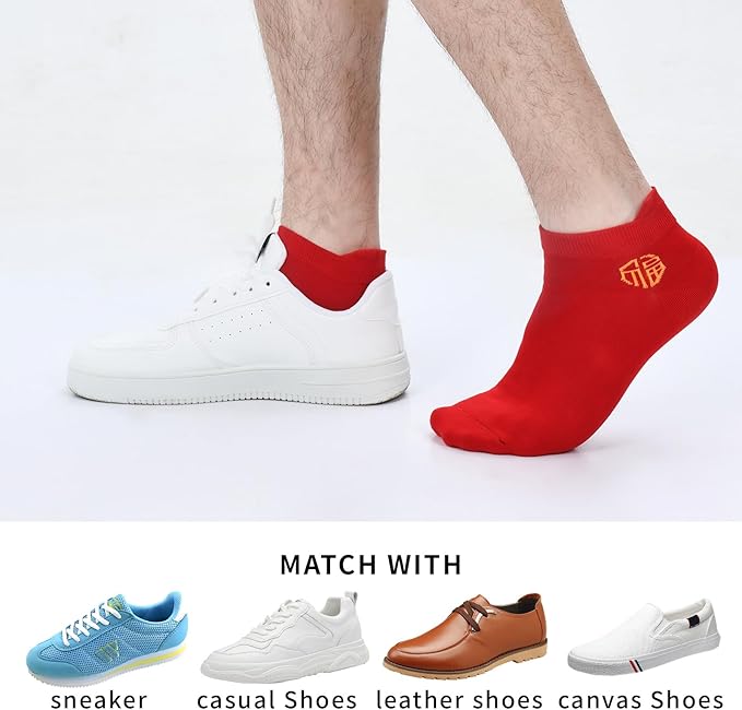 Men's Red Socks Ankle Socks Comfortable White/Black Casual With Heel Tab,Chinese New Year Socks, Size 6-10 (6 pairs)