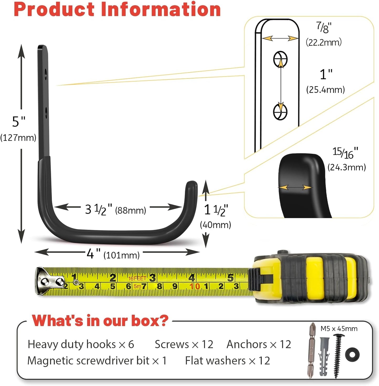Garage Hooks 4 Inch, 6 Pack Heavy Duty Wall Hooks for Hanging, Ladder Hangers for Garage Wall Mount, Steel J Utility Garden Hose Holder Tool Organizers and Storage(55lbs)