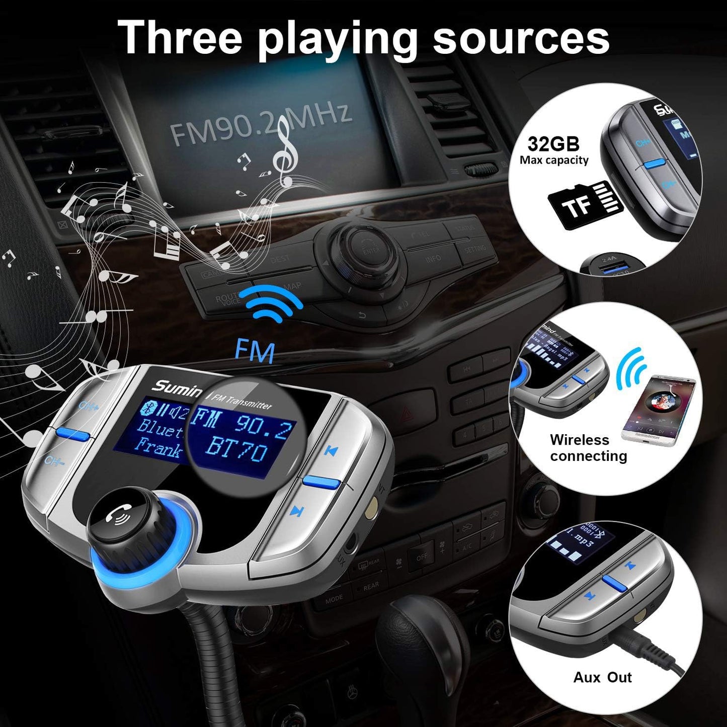 Upgraded Bluetooth FM Transmitter, Wireless Radio Adapter Hands Free Car Kit with 1.7'' Display, QC3.0 and Smart 2.4Amp Dual USB Ports, AUX Input/Output, TF Card Mp3 Player (Normal, Sliver Grey)