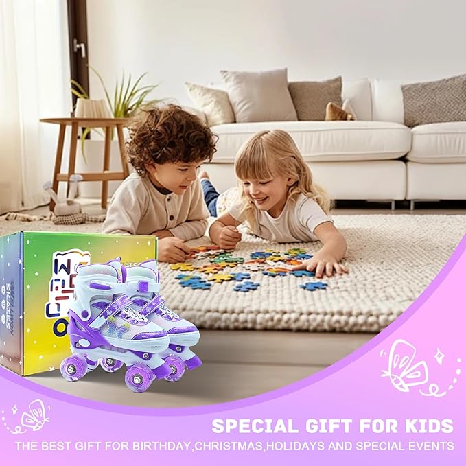 Kids Roller Skates for Girls-Outdoor 4 Size Adjustable Butterfly Quad Rollerskates for Indoor Ages 3-12 Years Beginners Children's Birthday Gift with Light Up Wheels patines para niƱas Indoor