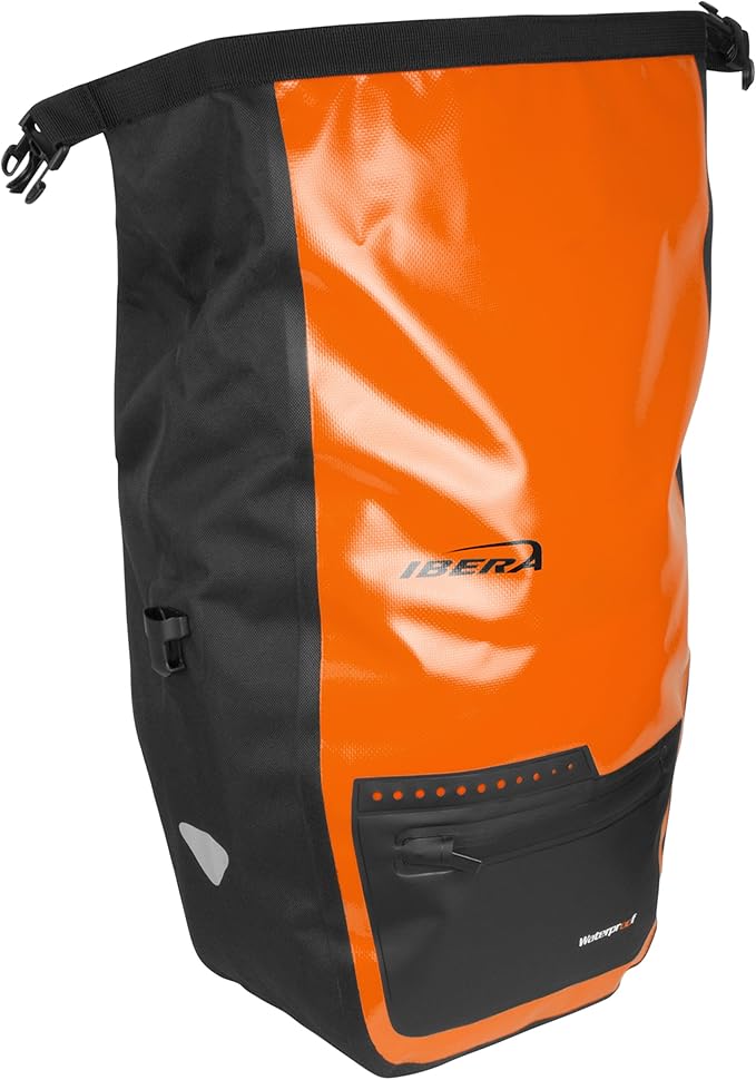 Ibera Panniers Bike Bags 30L (Pair) - Waterproof & with Quick Release/Clip-On System - Bike Saddle Bags For Rear Rack with Rain Cover & 19.8 lbs Capacity - Saddle Bag Bicycle Fits Most Racks (Orange)