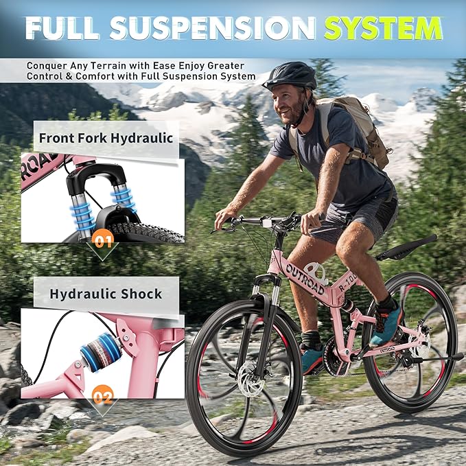 26 Inch Folding Mountain Bike, 21 Speed Full Suspension Bicycle with High-Carbon Steel, Dual Disc Brake Non-Slip Quick Release tire Folding Bicycle for Adults/Men/Women