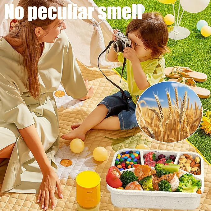 15 PCS Bento Box, 4 Compartment Bento Box Adult Set, Wheat Straw Bento Lunch Box, Reusable Lunch Snack Box, Microwave, Dishwasher and Freezer Safe Meal Prep Containers for Work, School and Travel