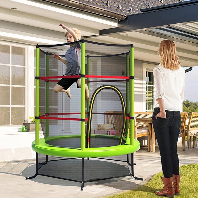 GYMAX Toddler Trampoline, 55” Trampoline for Kids with Bottom-to-Top All-Round Enclosure Net & Seamless Jumping Mat, ASTM Approved Easy Assembly Kids Mini Trampolines Indoor/Outdoor