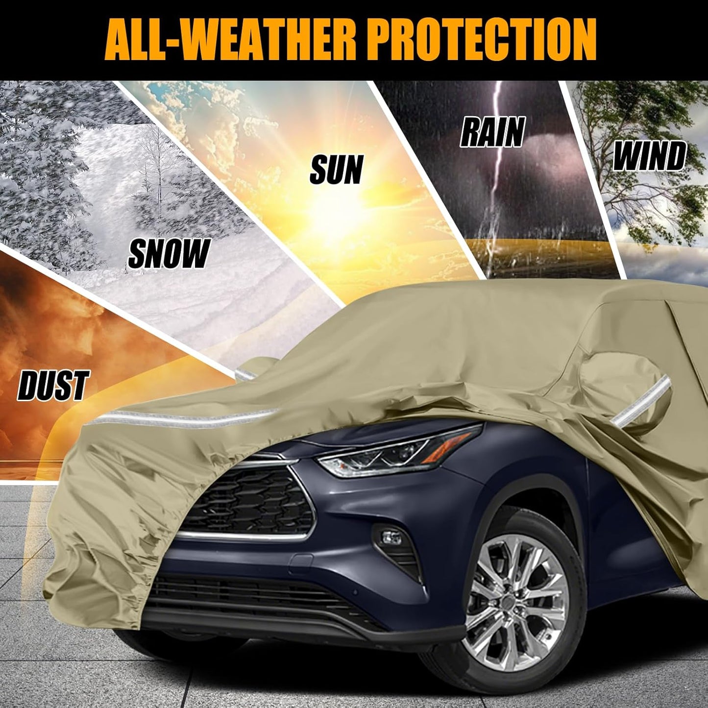 Waterproof Car Covers Replace for 2008-2025 Toyota Highlander, Multilayer Heavy Duty with Cotton Liner All Weather Car Cover with Zipper Door, Windproof Bands for Snow Rain Dust Protection