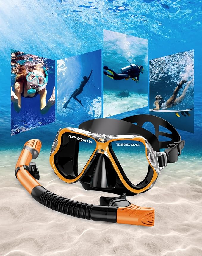 Greatever Dry Snorkel Set,Panoramic Wide View,Anti-Fog Scuba Diving Mask,Professional Snorkeling Gear