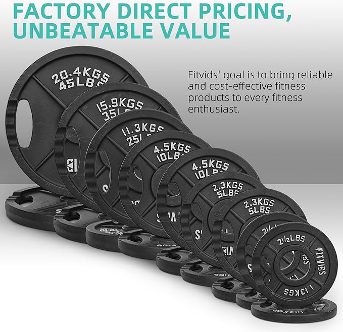 Olympic Cast Iron 2-Inch Weight Plates for Strength Training & Weightlifting, 255 Pounds Set, Multiple Packages