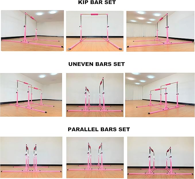 Gymnastics Double Horizontal Bars 3Play Parallel Bars Uneven Bars Gymnastics Training Kip Bar with 304 Stainless Steel Regulating Arms & Fiberglass Rail for Indoor Outdoor Home Club Use