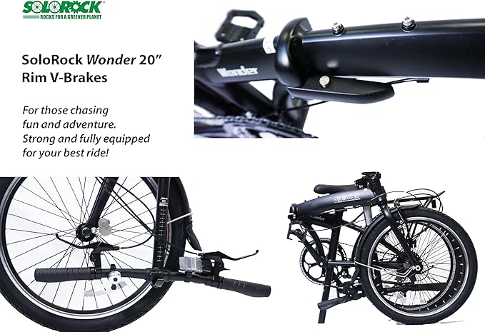 SOLOROCK 20" 8 Speed Aluminum Folding Bike - Wonder V Brakes, with Fenders & Alloy Rear Rack, Stainless Steel Spokes & Stainless Steel Fender Stays