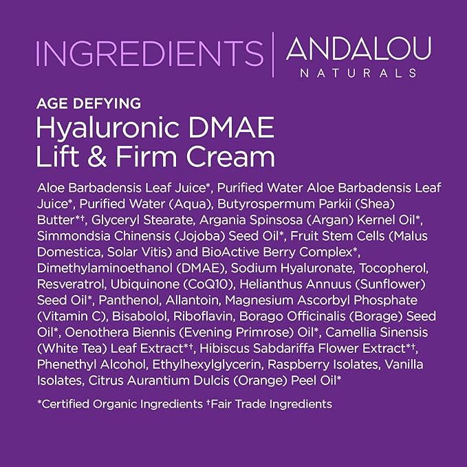 Andalou Naturals Hyaluronic DMAE Lift & Firm Skin Cream | Anti Aging Face Moisturizer With Hyaluronic Acid |Helps Reduce Fine Lines & Wrinkles | 1.7 oz