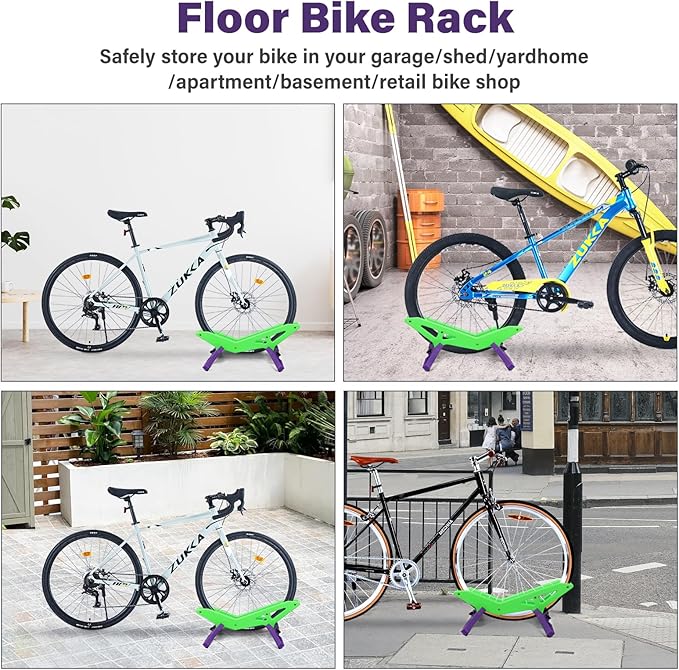 Adjustable Bike Parking Stand Fits 16-29 Inch Bicycles, Compatible with 23c-3.0 Tire Width – Heavy-Duty Plastic, Easy Installation, Stylish Two-Tone Design (Green&Purple)