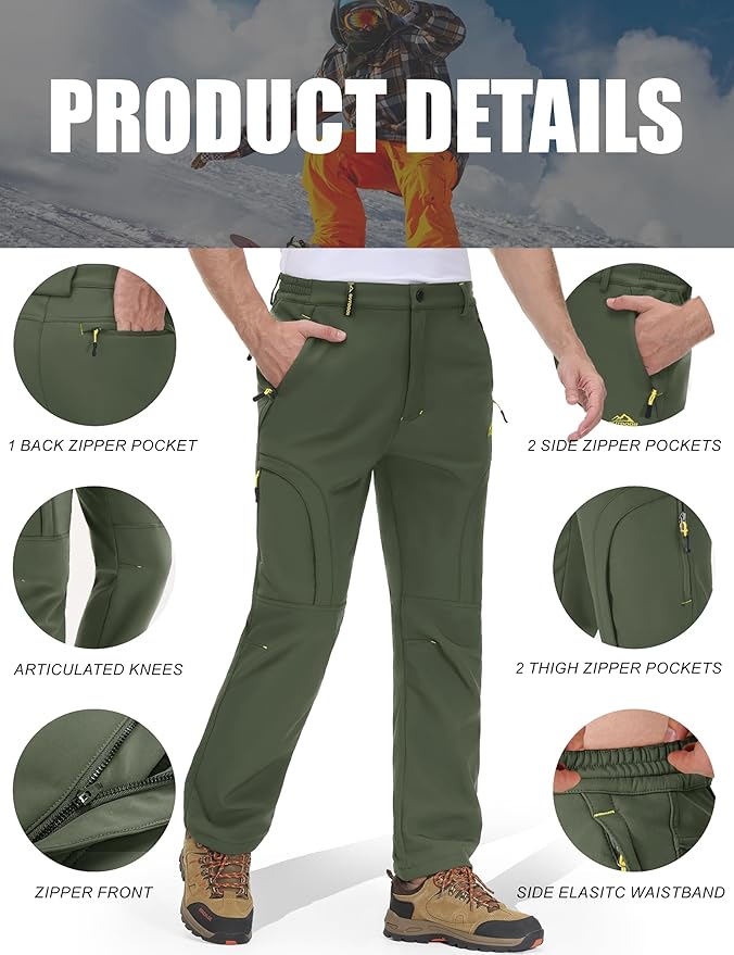 MAGCOMSEN Snow Pants for Men Water Resistant Fleece Lined 5 Zipper Pockets Winter Snowboard Hiking Insulated Ski Pants