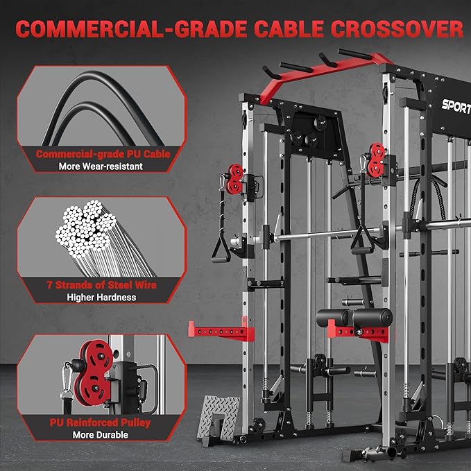 Smith Machine Home Gym All in One, 2200LBS Squat Rack Power Cage with Smith Bar, LAT Pull-Down, Cable Systems, Leg Hold-Down and More Attachments, Workout Equipment (Red Black)