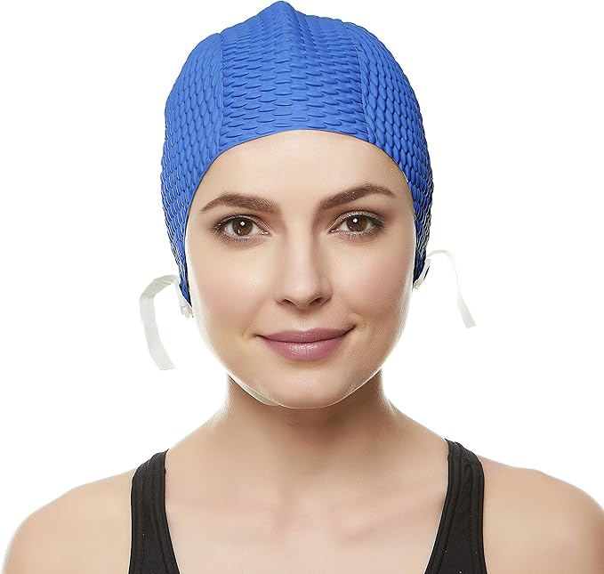 Beemo Swim Cap Women Chin Strap Bubble Crepe Latex Long Short Hair Swimming Caps