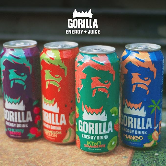 Gorilla Energy Drink, Kiwi Strawberry, 200mg Natural Caffeine, Real Fruit Juice Squeezed & Concentrated, L-Theanine, Taurine, Ginseng, Acetyl L-Carnitine, No Added Sugar and No Artificial Colors, 12 Pack