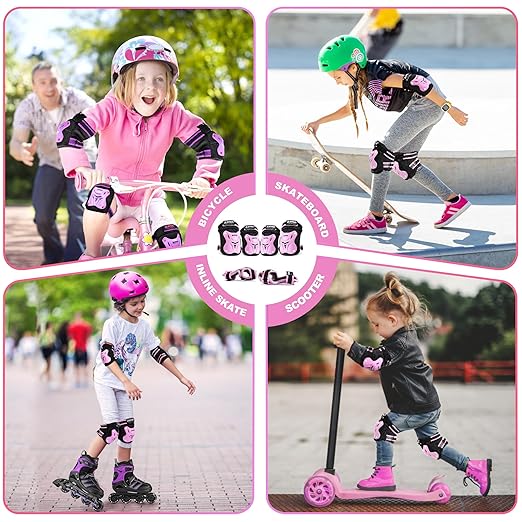 2PM SPORTS Knee Pads for Kids, Wrist Guards Knee and Elbow Pads Set with Drawstring Bag, Protective Gear Set for Girls Boys Roller Skating Cycling Skateboard - Pink Small