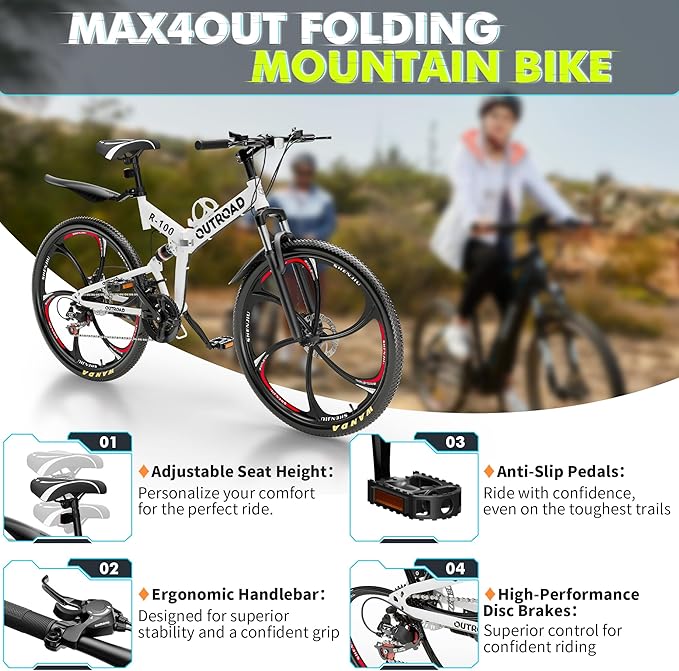 26 Inch Folding Mountain Bike, 21 Speed Full Suspension Bicycle with High-Carbon Steel, Dual Disc Brake Non-Slip Quick Release tire Folding Bicycle for Adults/Men/Women