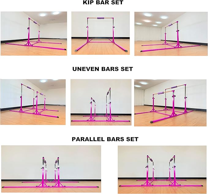 Gymnastics Double Horizontal Bars 3Play Parallel Bars Uneven Bars Gymnastics Training Kip Bar with 304 Stainless Steel Regulating Arms & Fiberglass Rail for Indoor Outdoor Home Club Use