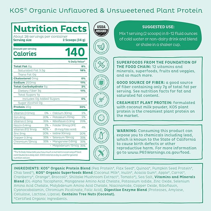 KOS Vegan Protein Powder, Unflavored & Unsweetened - Low Carb Pea Protein Blend, Organic Superfood Rich in Vitamins & Minerals - Keto, Soy, Dairy Free - Meal Replacement for Women & Men - 28 Servings