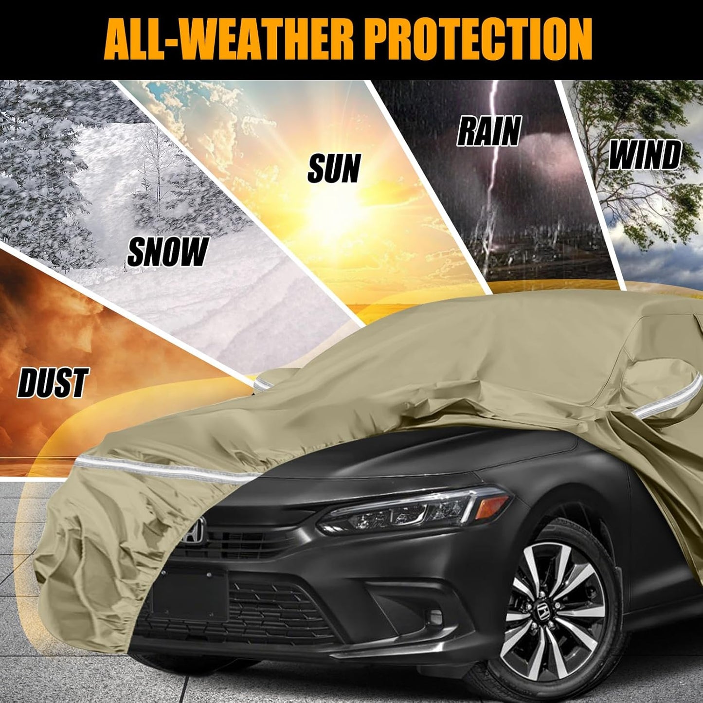 Waterproof Car Covers Replace for 2007-2025 Honda Accord, Multilayer Heavy Duty with Cotton Liner All Weather Custom-fit Car Cover with Zipper Door, Windproof Bands for Snow Rain Dust Protection