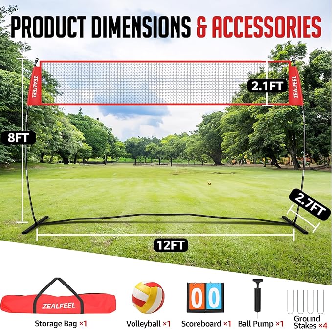 Volleyball Net, 12ft/20ft Training Set Height Adjustable, Portable Freestanding Practice for Hitting or Serving Drills, Pop up With Carry Bag for Backyard or Outdoor