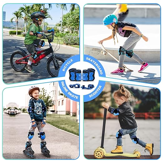 2PM SPORTS Knee Pads for Kids, Wrist Guards Knee and Elbow Pads Set with Drawstring Bag, Protective Gear Set for Girls Boys Roller Skating Cycling Skateboard - Blue Small