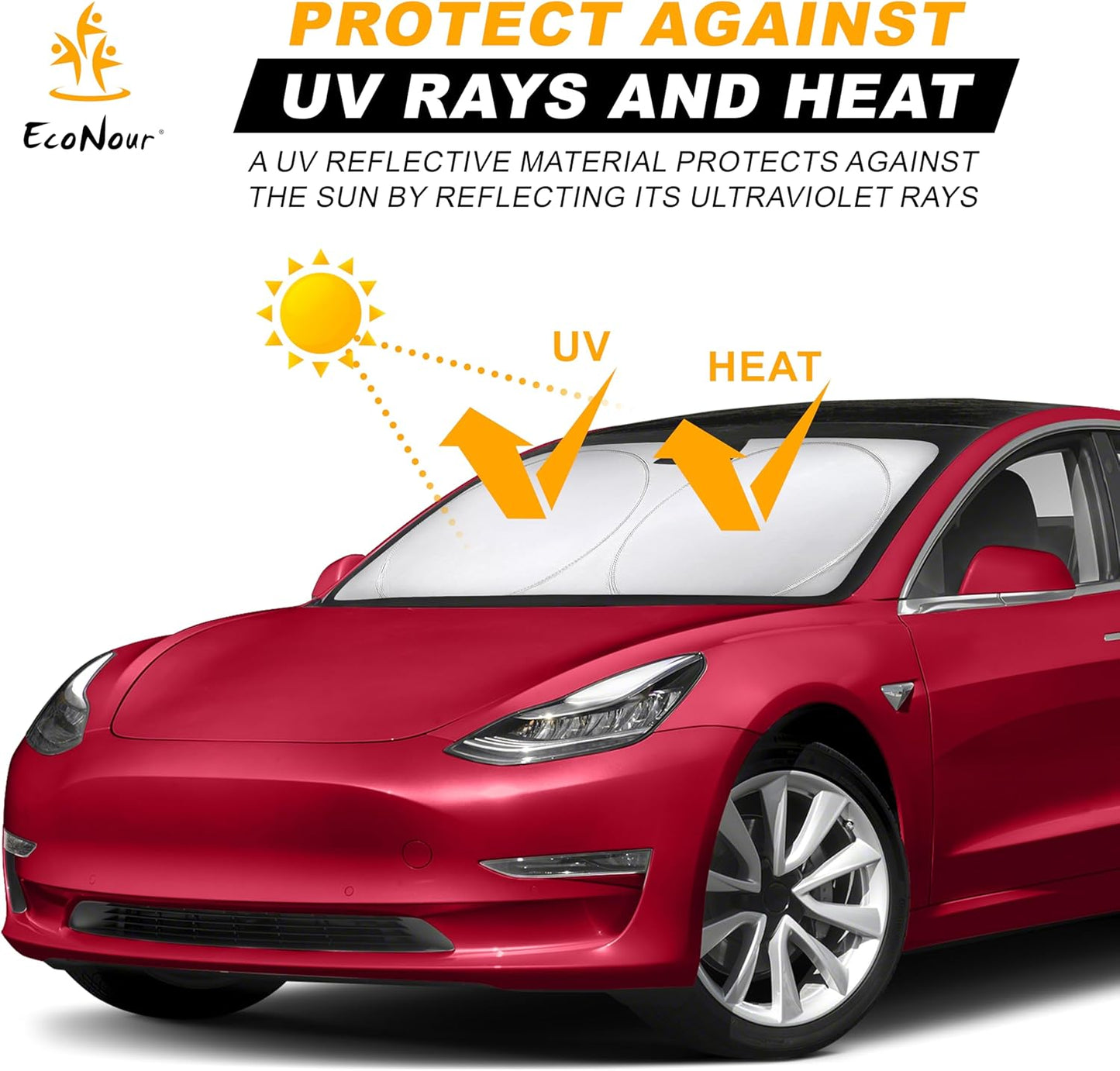 Econour Tesla Windshield Sun Shade for Model 3 and Y | Reflective 240T Material Blocks Sun & Heat | Offers Protection for Car Interior | Foldable Sun Blocker with Storage Pouch | Tesla Car Accessories
