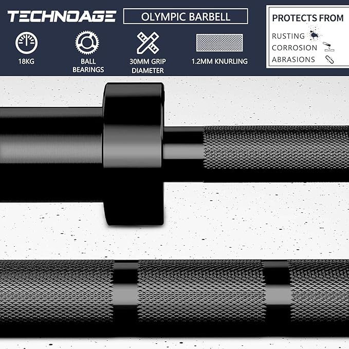 TECHNOAGE 7FT Olympic Barbell Olympic Bar Solid Chrome Barbell 700LBS Load Capacity(2-Inch Plate) for Weightlifting, Squats, Dead-Lifts, Presses, and Lunges