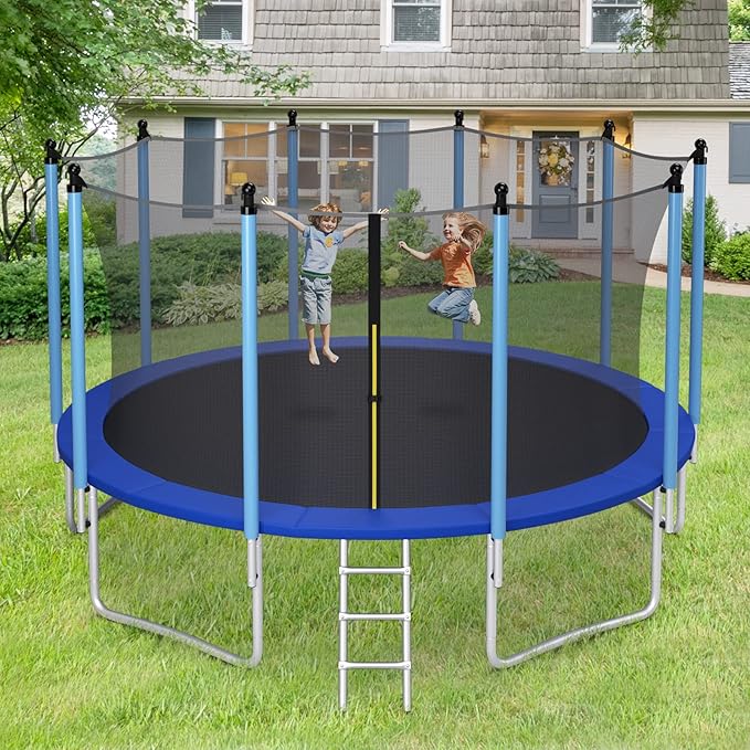 GYMAX Trampoline, 8FT 10FT 12FT 14FT 15FT 16FT Recreational Trampolines w/Safety Enclosure Net & Ladder - ASTM Certificated, Outdoor Trampoline for Kids and Adults