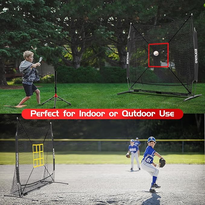 6x6ft Baseball & Softball Net for Hitting,Pitching and Batting, Throwing,Baseball net with Sturdy Bow Frame,Battting Tee,Strike Zone, Middle Size,Suitable for Kids!