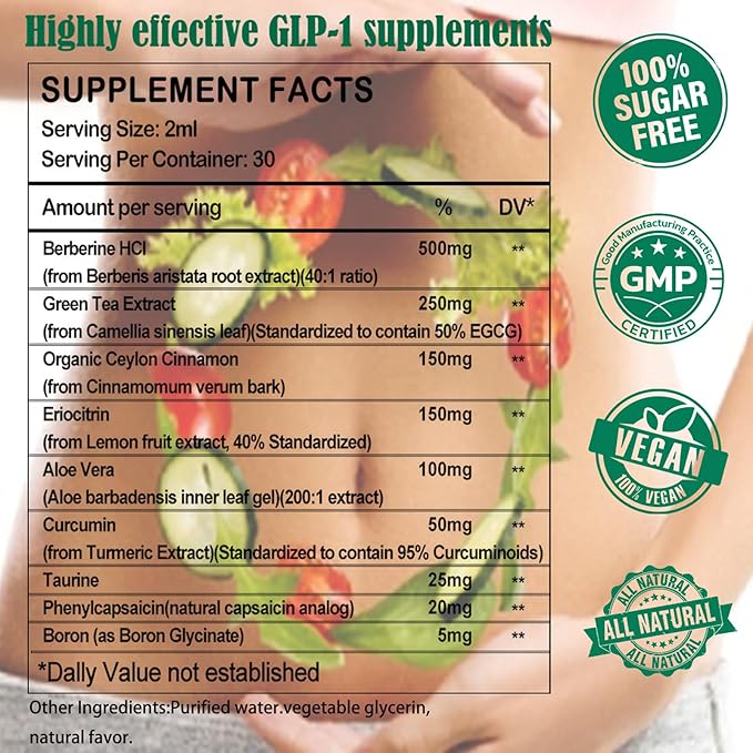 GLP-1 Supplements Drops | 9-in-1 Premium GLP1 Boost w. Berberine, Ceylon Cinnamon, Green Tea Extra- ct Eriocitrin, Naturally GLP 1 Support for Metabolism & Gut Digestion丨Raspberry, Sugar Free