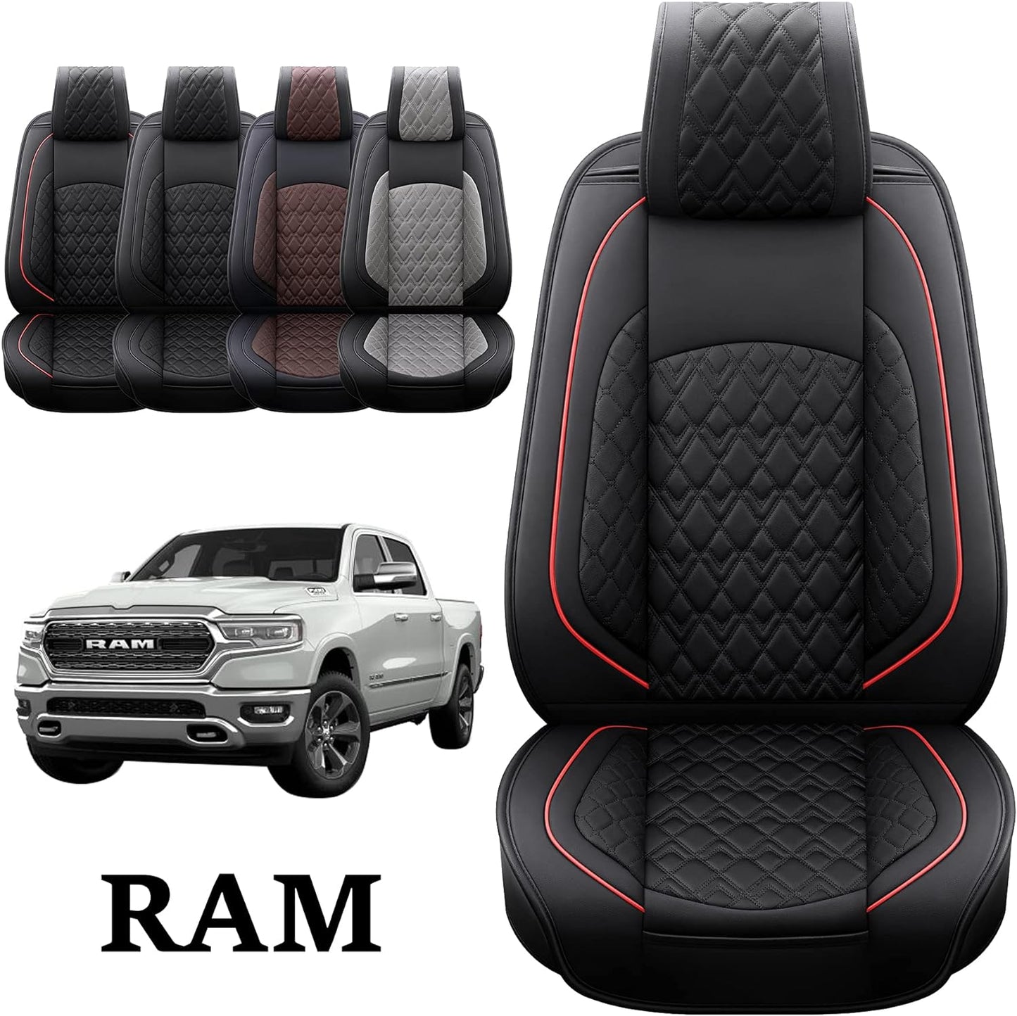 JOJOBAY Car Seat Covers for Dodge Ram Full Set,Fit Ram 2009-2025 1500/2500/3500 Pick-up Truck,Crew,Regular,Quad,Mega Cab,Waterproof Leather Seat Covers Protectors(5 PCS Full Set,Black/Red)