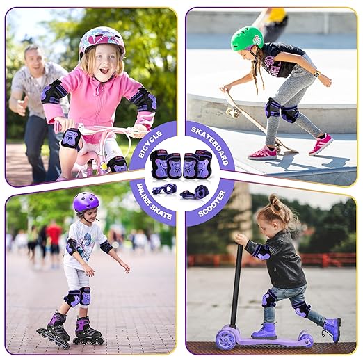 2PM SPORTS Knee Pads for Kids, Wrist Guards Knee and Elbow Pads Set with Drawstring Bag, Protective Gear Set for Girls Boys Roller Skating Cycling Skateboard - Purple Medium