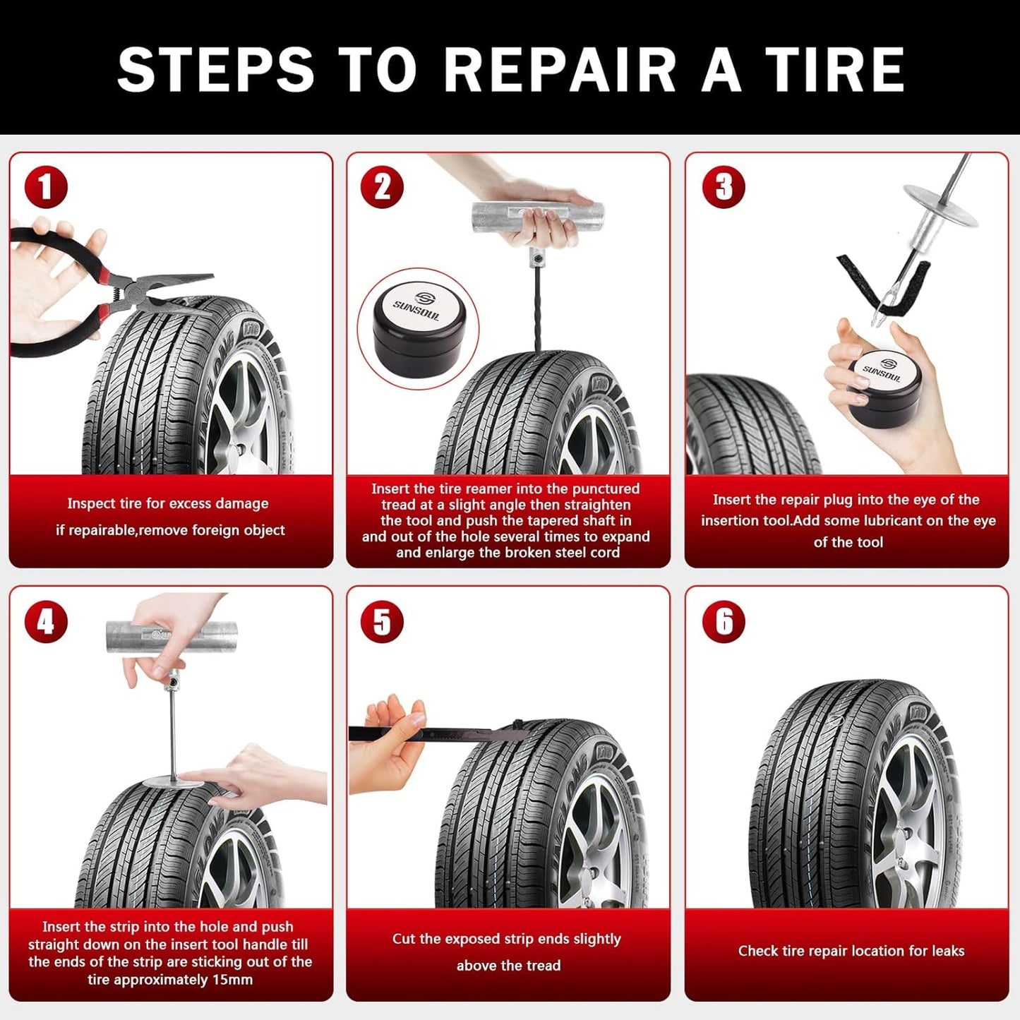 SUNSOUL Portable Tire Repair Kit with Plugs, Heavy Duty Tire Plug Kit, 40PCS Flat Tire Emergency Repair Tool for Car, Motorcycle, Truck, ATV, UTV, RV, Tractor