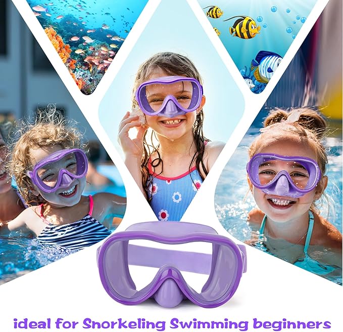 Kids Swim Goggles 180° Snorkel Diving Mask with Nose Cover, Anti-Fog Kids Swimming Goggles with Elastic Fabric Strap for Kids Boys Girls