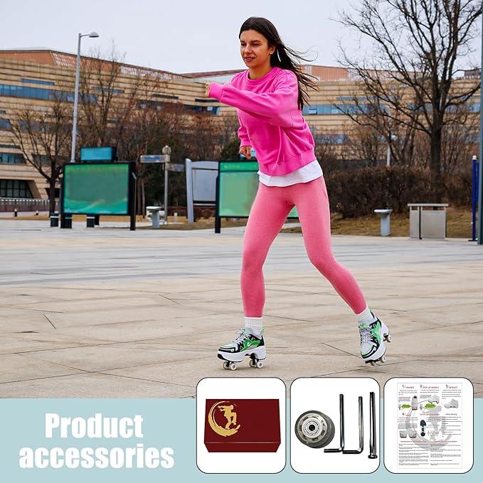 Roller Skate Shoes for Women Four Rounds Children's Roller Skates Shoes That Turn into Rollerskates Sneakers Outdoor Light Shoes with Wheels for Girls/Boys